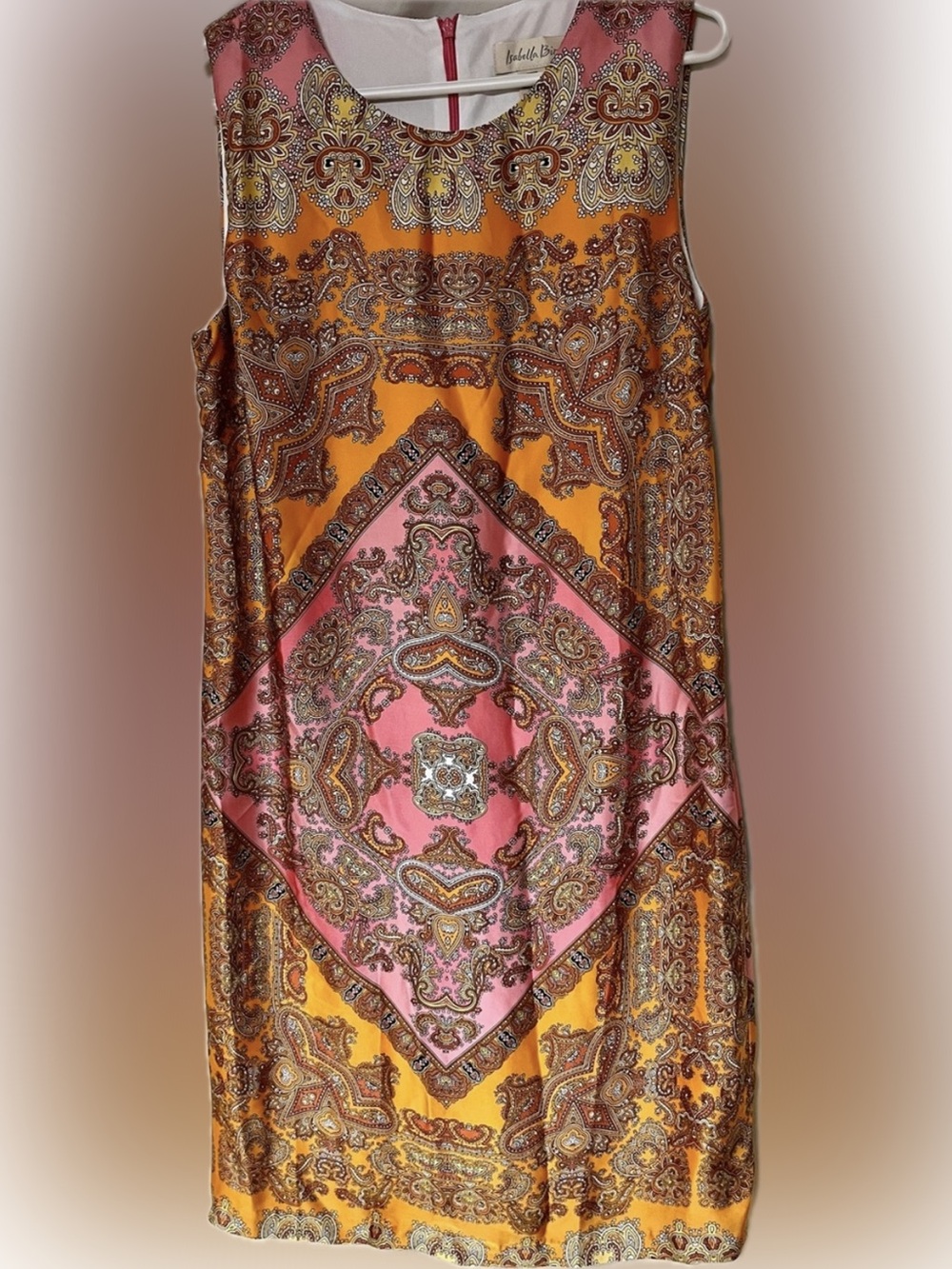 Vintage Isabella Bird Paisley Midi Dress Pink Orange 10 Boho Shift Retro 60s 70s